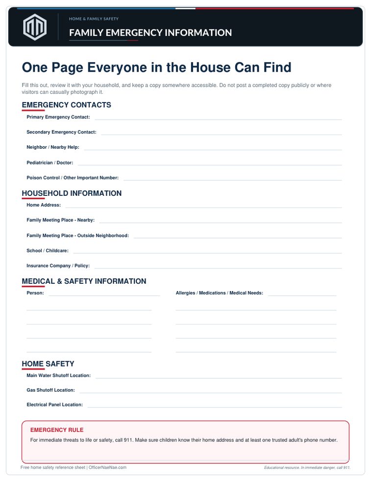 Preview of Family Emergency Information Sheet PDF