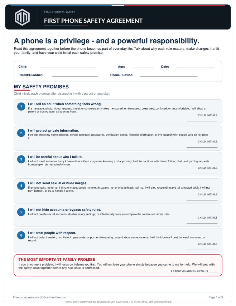 Preview of First Phone Safety Agreement PDF